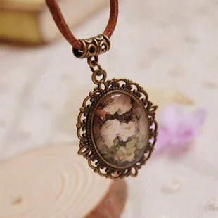Vintage Handmade Flowers Oval Time Gem Necklace Glass Long Rope Chain Floral Paint Pendant Necklaces For Women Retro Jewelry | Украшения и
