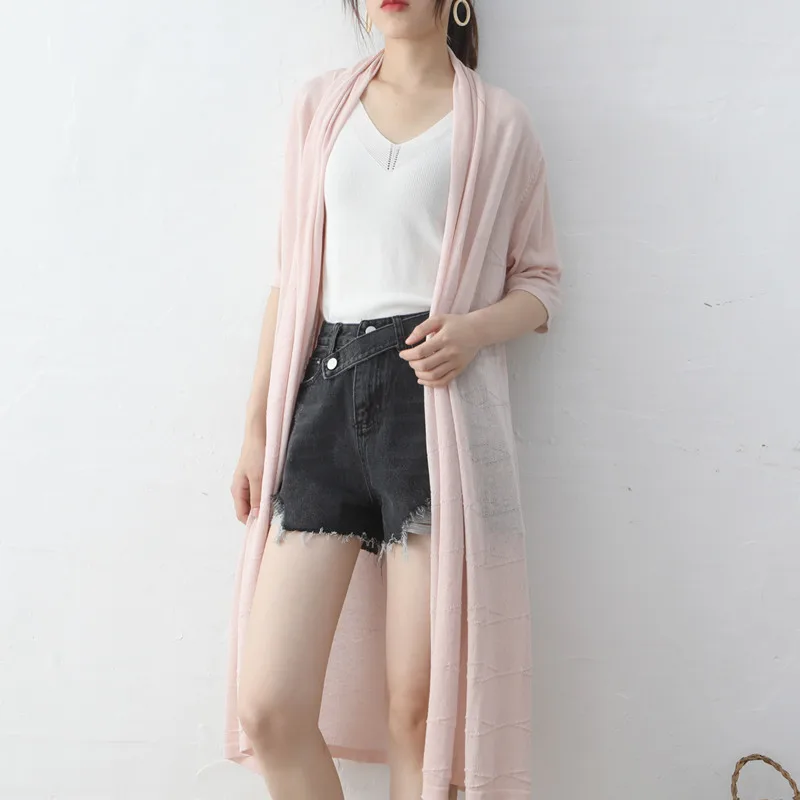 light pink CBF лето дизайн льняная вязаная кофта с шарфом воротник Приятно Прохладный трикотажная рубашка выдолбленный дизайн солнцезащитный крем длинный стиль - Цвет: light pink