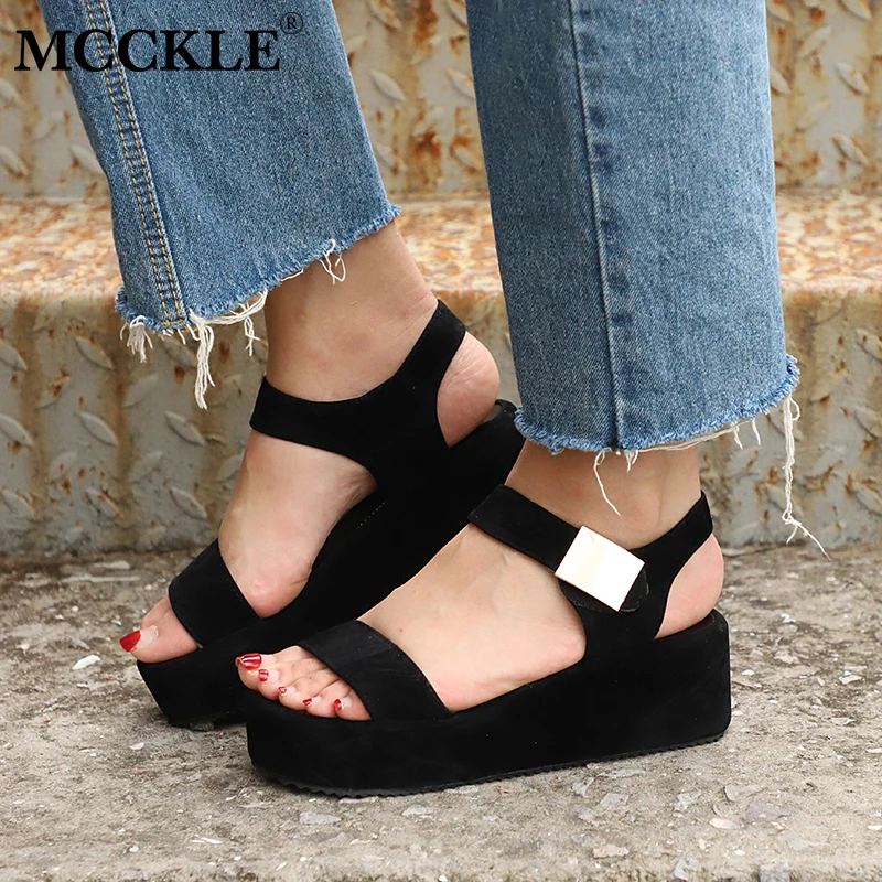 

MCCKLE Plus Size Women Platform Wedge Sandals High Heels Female Flock Hook Loop Casual shoes For Girls Leisure Footwear