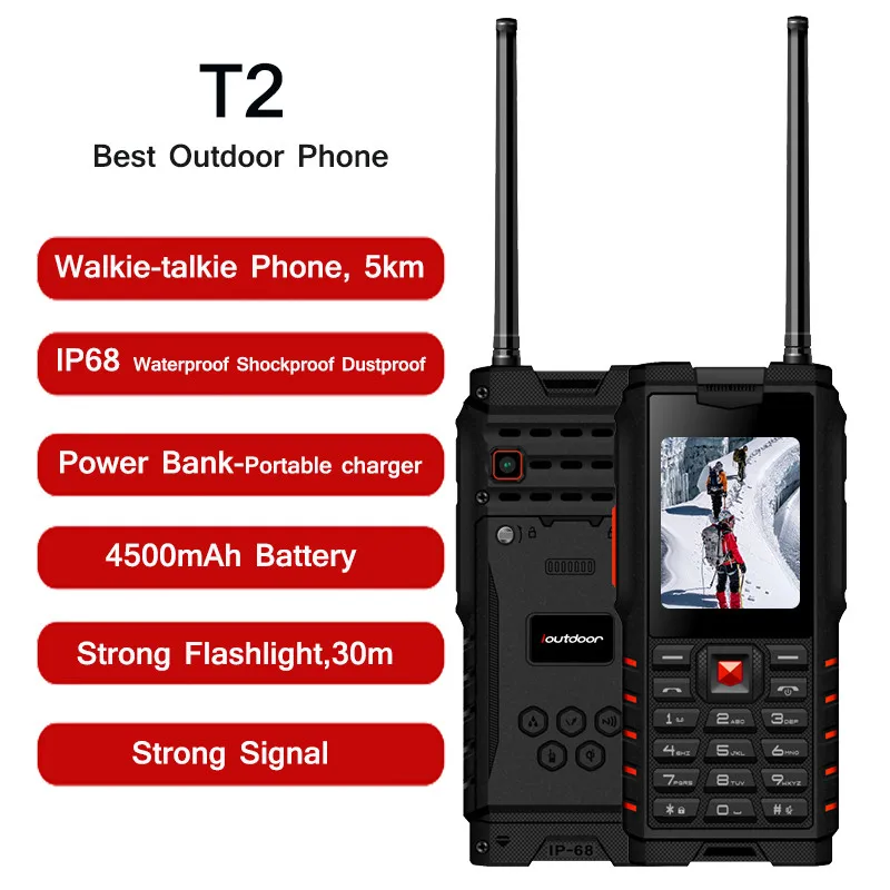 

Best Ioutdoor T2 Rugged Phone IP68 Walkie-talkie Intercom 4500mAh Power Bank Strong Flashlight 2.4" GSM Waterproof Cell Phone
