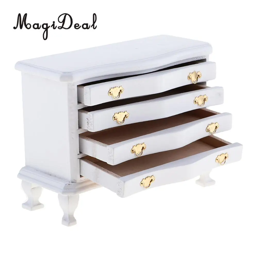 1/12 Scale Dollhouse Miniature Furniture White Dresser 4-Drawer Cabinet Room Life Scenes Decoration Accessories White