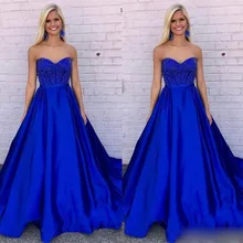 Элегантный возлюбленная с длинной шеей Пром платья королевский синий бисером на молнии сзади Формальные Вечеринка платья для женщин Vestido De Fiesta