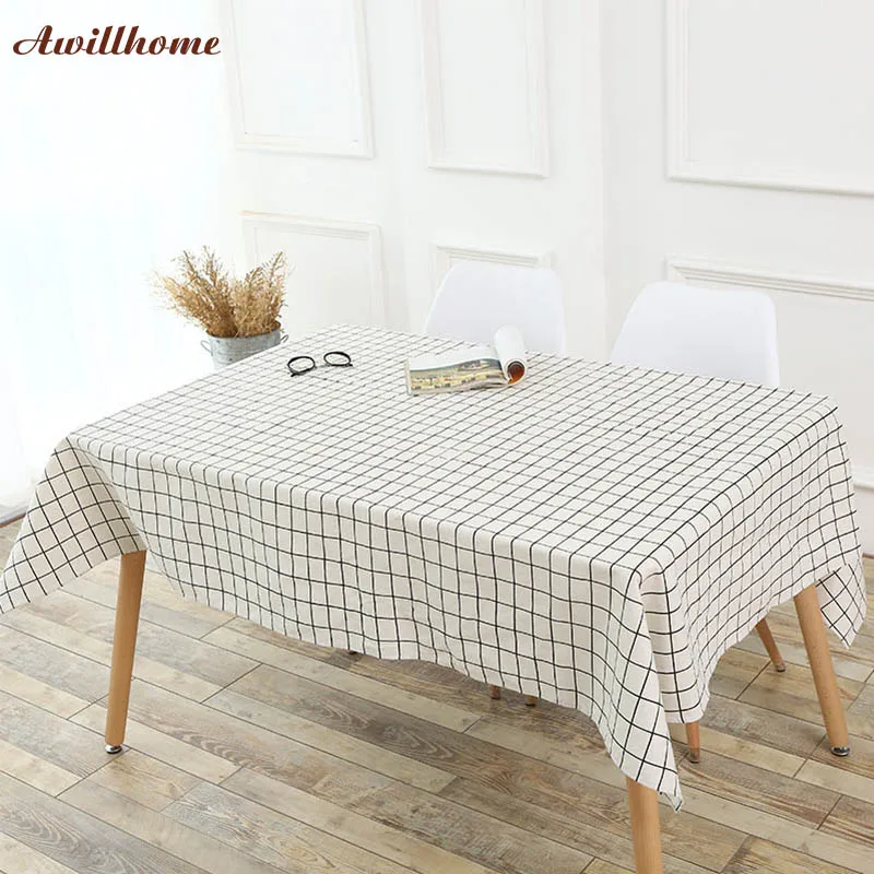 Awillhome White Plaid Home Rectangle Tablecloths Pastoral Cotton/Linen