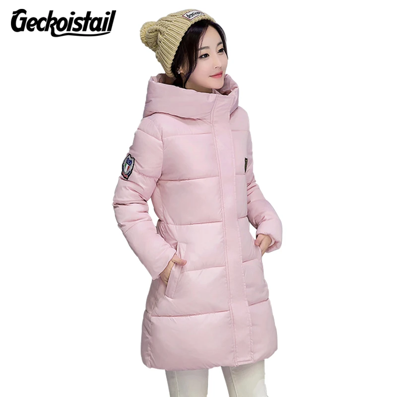 Geckoistail Для женщин зимние Повседневное куртка Slim Pakras пальто 2018 Новый Thicked хлопка с капюшоном Дамская мода куртки верхняя одежда плюс Размеры