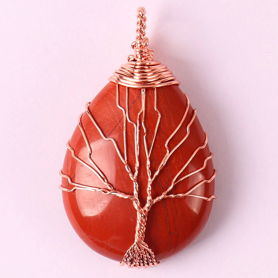 

Free Shipping Tree of life Wire Wrap Natural Stone Bead Red Jaspe Handmade Necklace Pendant Teardrop 1Pcs K2025
