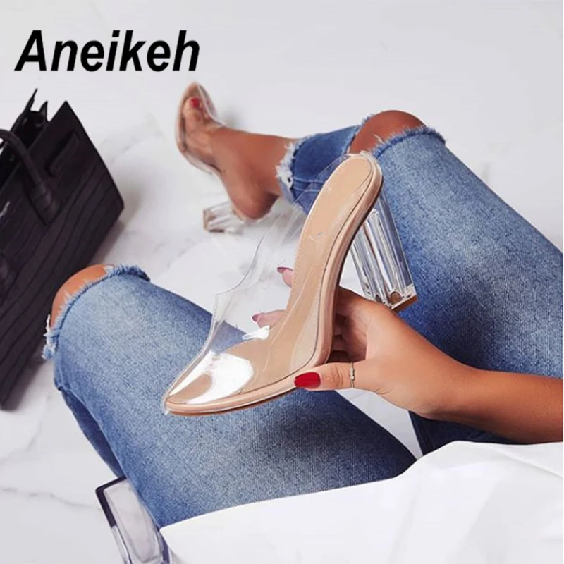 

Aneikeh 2019 New Fashion Sexy Gladiator High Square Heels Shoes Woman Open-toed Casual Transparent Sandals Apricot Size 35-40