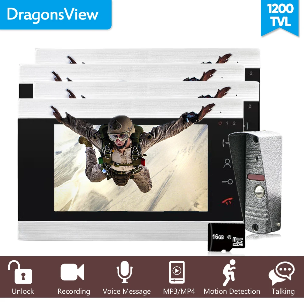 Dragonsview 1200TVL видео дверной звонок Домофон Система видеодомофон 1 камера 4 монитора 7 дюймов Обнаружение движения голосовое сообщение
