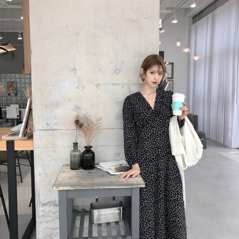 retro dress hot women slim waist A Line Elegant Temperament Lady Korean style vintage dot v neck vintage shirt dress high waist