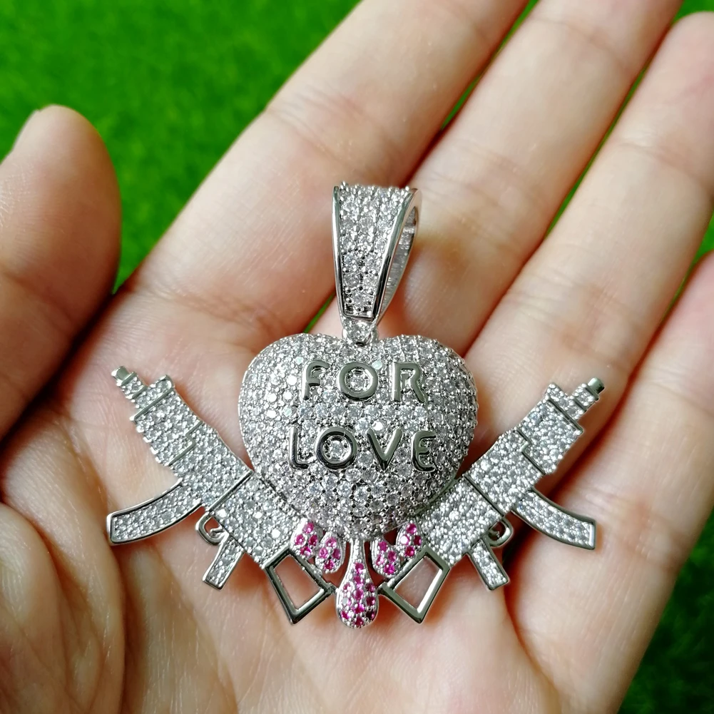 

Brass CZ For Love Heart With Gun Pendants Men And Women Necklace Hip Hop Jewelry Gift CN116