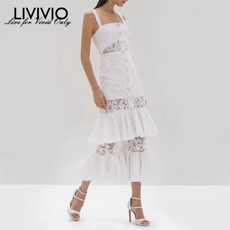 

[LIVIVIO] Summer Sleeveless Women Dress High Waist Embroidery Hollow Out Slim Ankle Length Dresses Female Fashion 2019 New