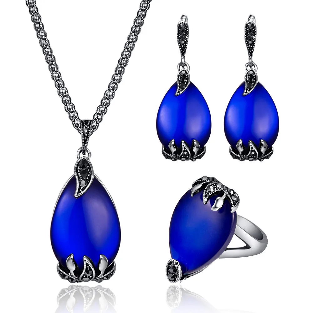 

Water Drop Big Crystal Women Jewelry Sets Vintage Fashion With Blue Green Opals Landscape Exquisite Anniversary Jewelry sets