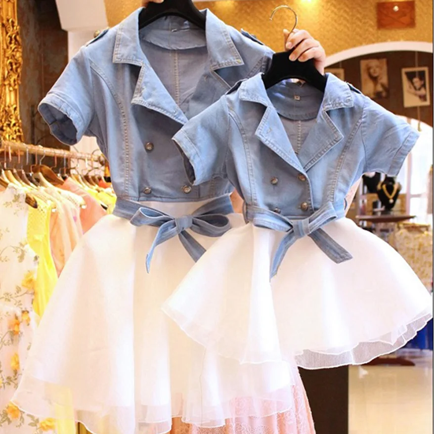 

family matching clothes 2018 summer new mother and daughter princess dress fashion cowboy mesh patchwork dresses family clothes