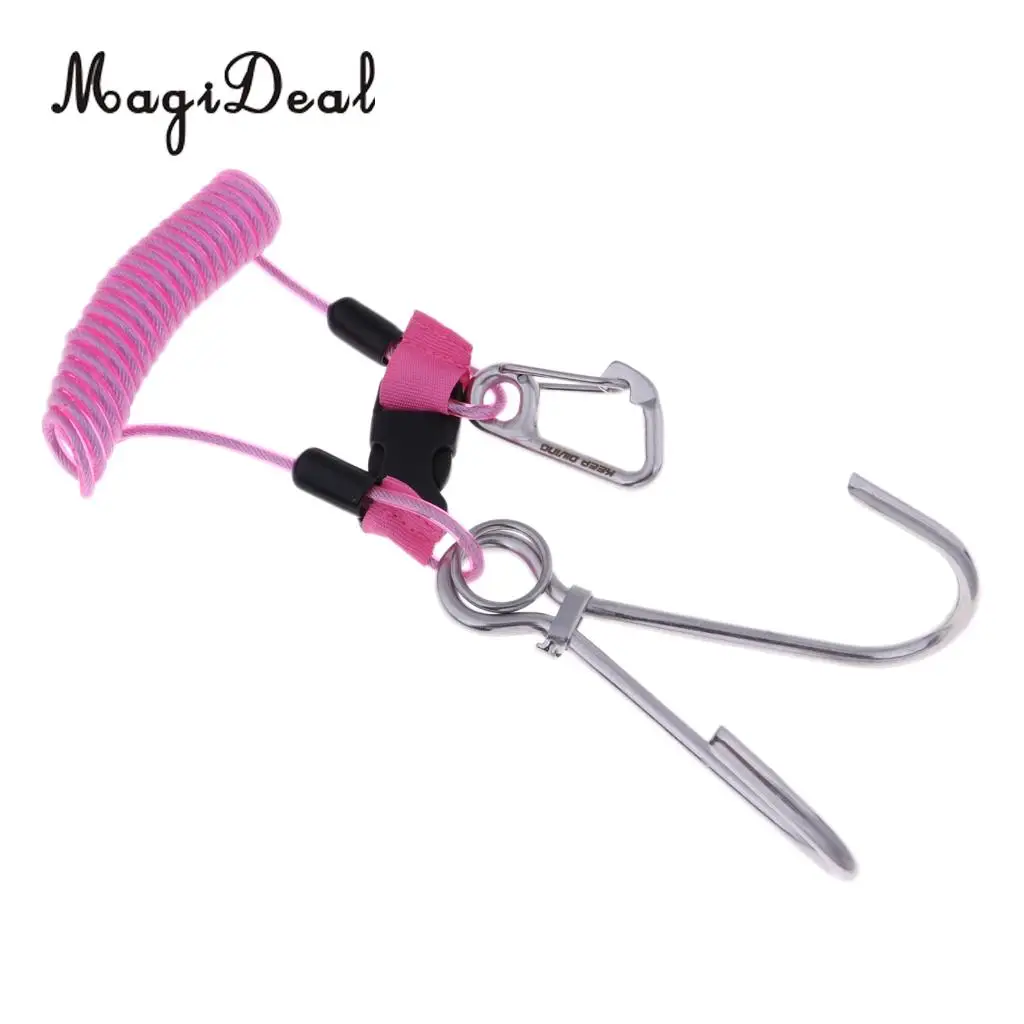 Underwater Sports Scuba Diving Double Stainless Steel Reef Drift Hook & Spiral Coil Lanyard + Snap Clip for Cave Dive