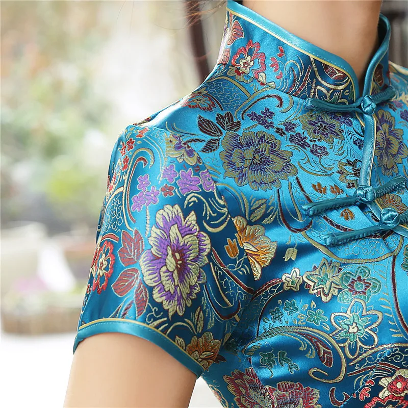Hot Sale Elegant Lake Blue Stain Cheongsam Chinese Classic Tight Qipao Short Sleeve Novelty Print Sexy Long Dress S-3XL J0026