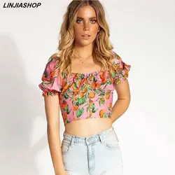 Linjiashop богемный Для женщин комплекты печати o-образным вырезом с пышными рукавами Топ Короткие мини Пант нижний из двух частей комплект