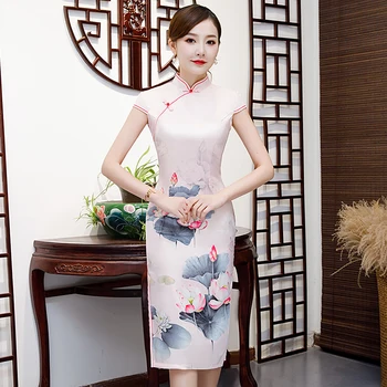 

Casual Short Sleeve Flower Women Vestidos Chinese Traditional Wedding Party Dress Gown Female Qipao Sexy Slim Satin Cheongsam