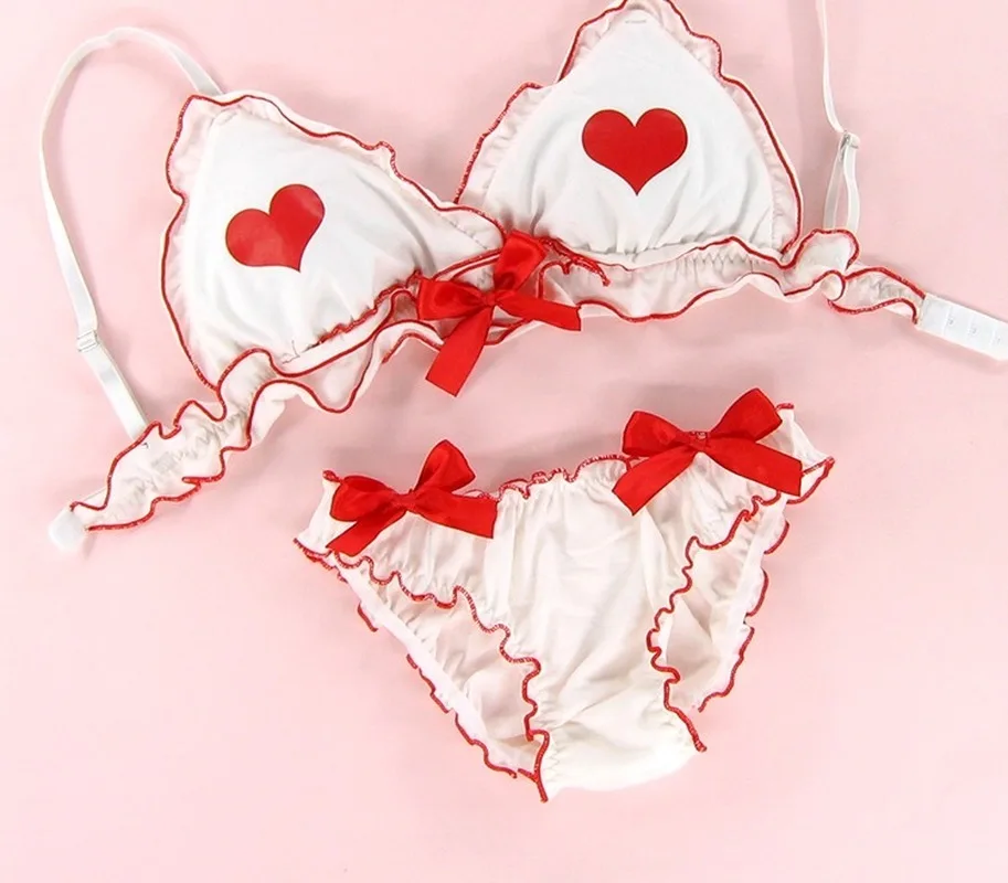 

Youth girls Cute Bra Set Heart Print Top With Bow Low small wire free sleep underwear Women Sexy Kawayi Lingerie Pink and Red