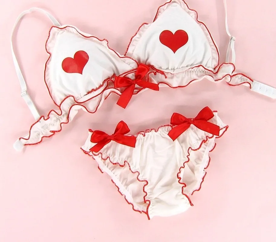  Youth girls Cute Bra Set Heart Print Top With Bow Low small wire free sleep underwear Women Sexy Ka
