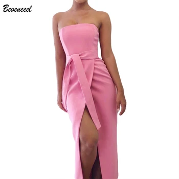 

2019 New Elegant Women Celebrity Party Dresses Sleeveless Strapless Front Split Bodycon Dress Vestidos Summer Maxi Dress Belt