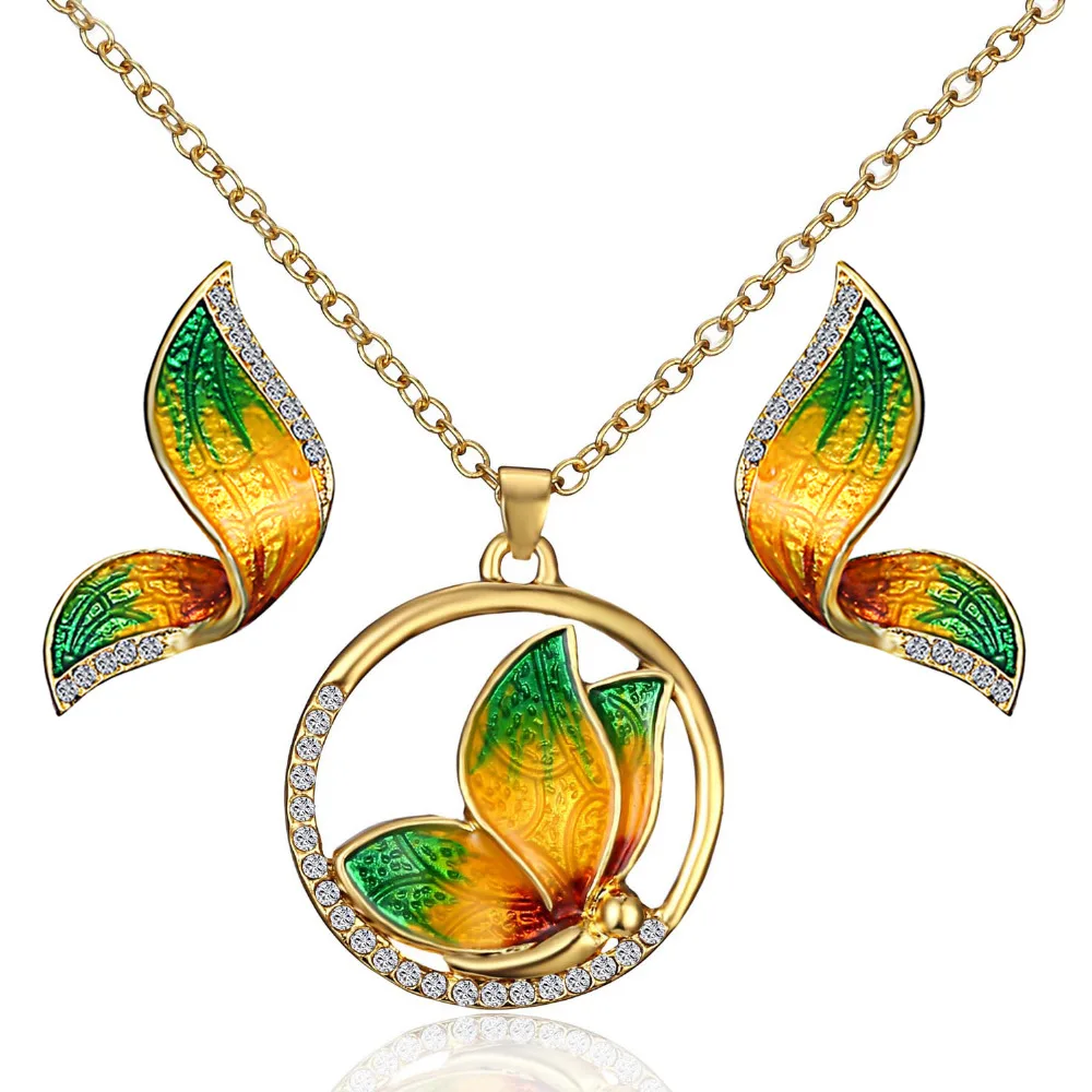 

Gold Color Jewelry Sets Silver Color Leaf Hollow Out Butterfly Necklace and Flower Earrings For Wedding Dress
