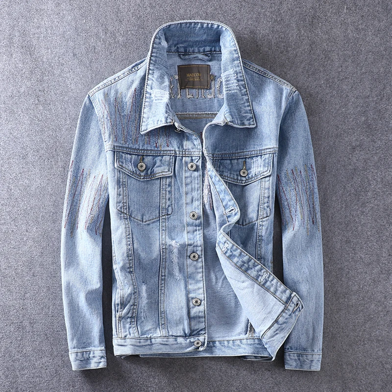 

Fashion Streetwear Men Jacket Blue Color Punk Style Biker Jackets Casual Coats Embroidery Designer Hip Hop Denim Jackets Men