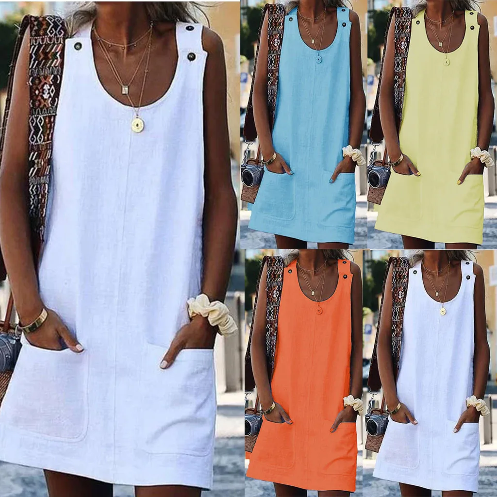 

women's dresses large sizes Cotton and Linen summer casual beach O-Neck Button Sleeveless Dress Multi-color optional L0430