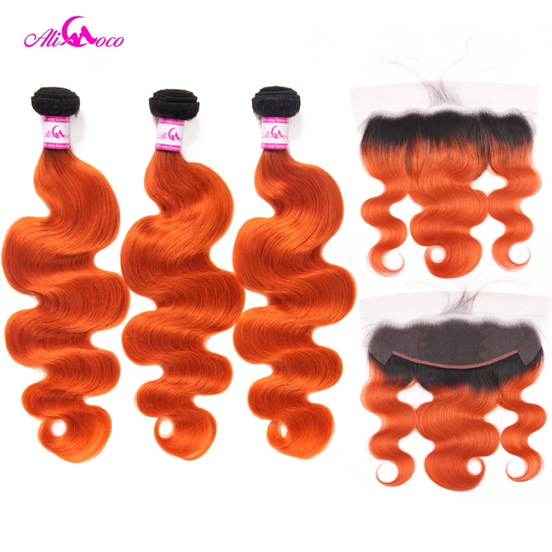 

Ali Coco Body Wave 13X4 Ear To Ear Lace Frontal With 2/3 Bundles 1B/Orange Color 10-30 Inch Remy Human Hair Bundles With Frontal
