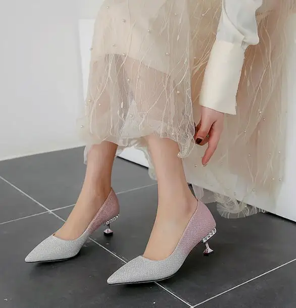 New Silver Pink Women's Pumps Pointed Toe 5CM Heels Shallow Crystal Dress Shoes Women Concise Sweet Party Wedding Ladies Shoes