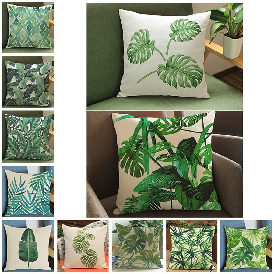 Fashion Africa Tropical Plant Printed Cushion Cover Green Leaves Linen