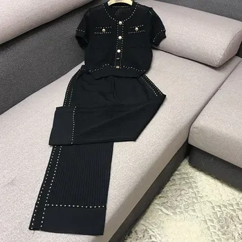 

Women Two Piece Sets Short Sleeve Summer Knitted O-neck Top White Ankle-length Pants