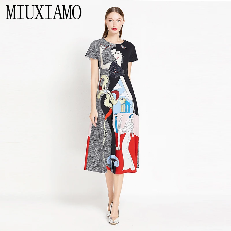 

MIUXIAMO Europe Style 2019 Spring & Summer Newest Fashion O-Neck Short Sleeve A-Line Print Casual Elegant Mid-Calf Dress Women