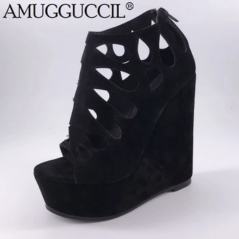 

Customize Plus Big Size 35-48 Black Zip Fashion Sexy High Heel Platform Party Female Ladies Summer Women Wedge Sandals L1117
