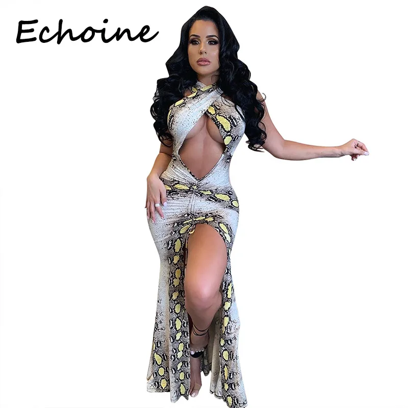 

Echoine Sexy Snake Print Dress High Split Halter Open Up Sleeveless Long Dresses Woman Party Night Vestidos
