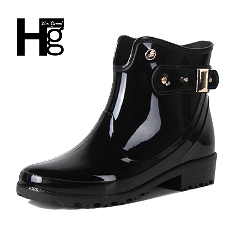 

HEE GRAND Women Rain Boots Ankel Boots Invisible Height Increasing Slip On Woman Black Fashion Waterproof Rain Shoes XWX6418