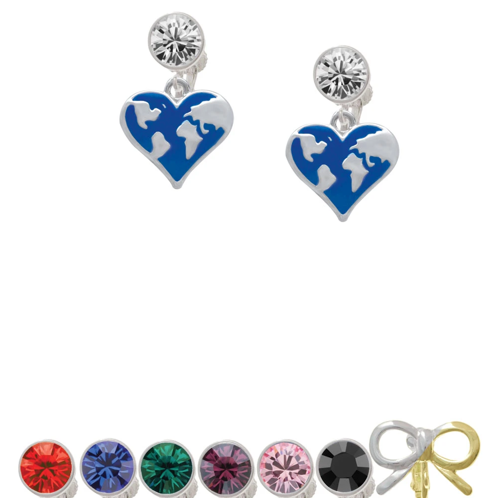 Enamel Earth Heart Crystal Clip On Earrings