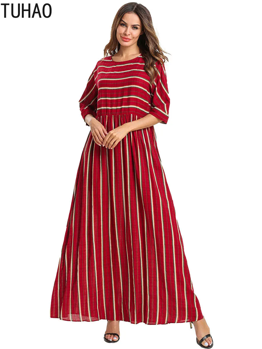 

Thin Red Striped Summer Dress Woman Clothes High Waist Elegant Long Muslim Robe Patchwork Plus Size Casual Maxi Dresses T7537