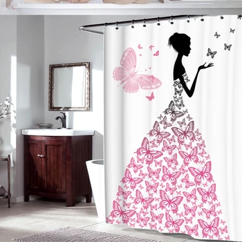 

Fabric Polyester Pink Butterfly Girl With Floral Dress Flower Fairy Angel Wings Shower Curtain Black White Feminine Bath Curtain