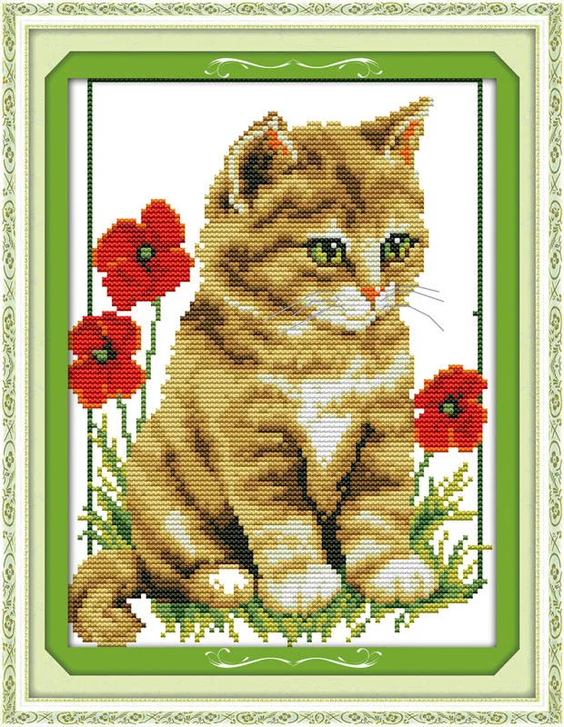 

Cat and poppy Pattern printed on canvas DMC 11CT 14CT 18CT Cross Stitch kits needlework Set embroidery animal Cotton silk plus