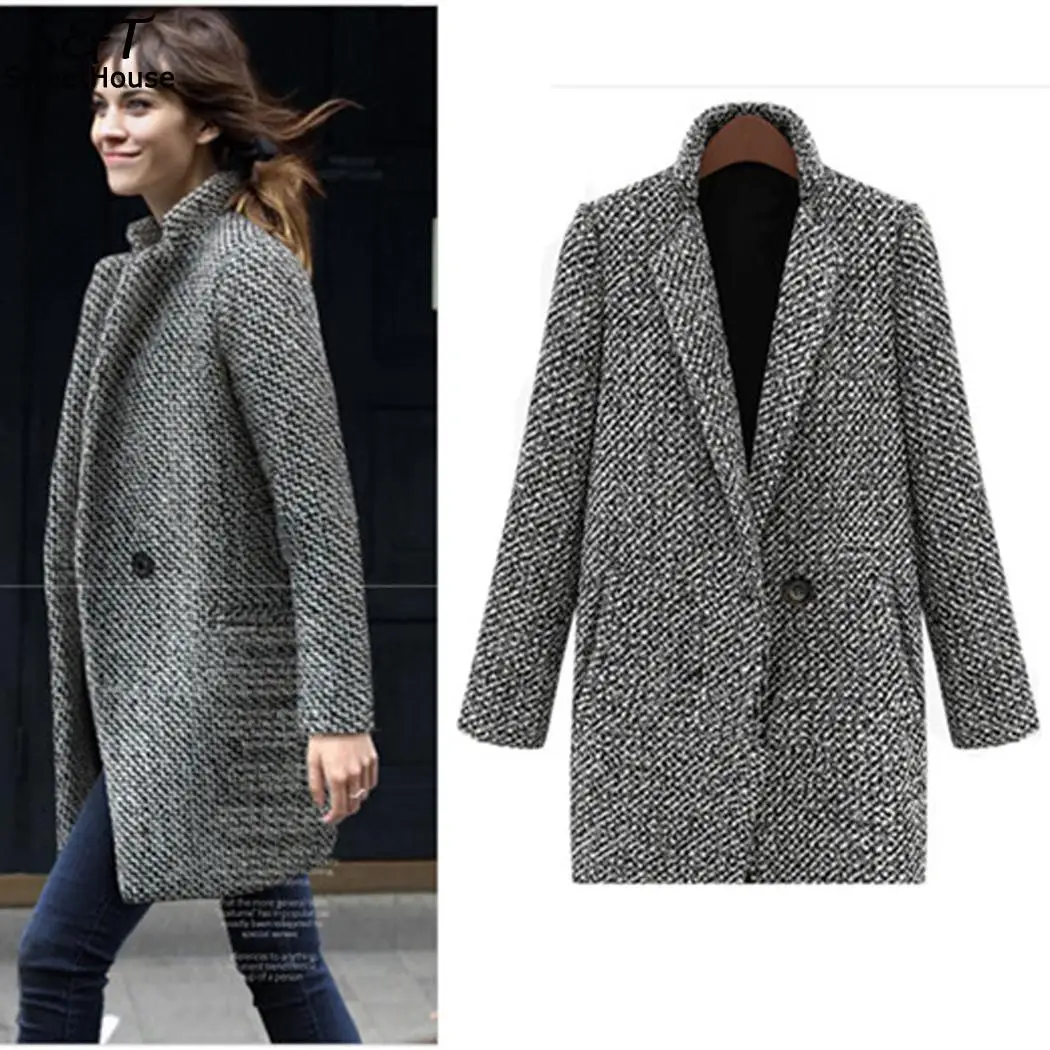 

FANALA Coat Woman Casual Plaid Manteau Femme Hiver Female Jacket 2018 New Wool Coat Manteau Femme One Button With Pocket