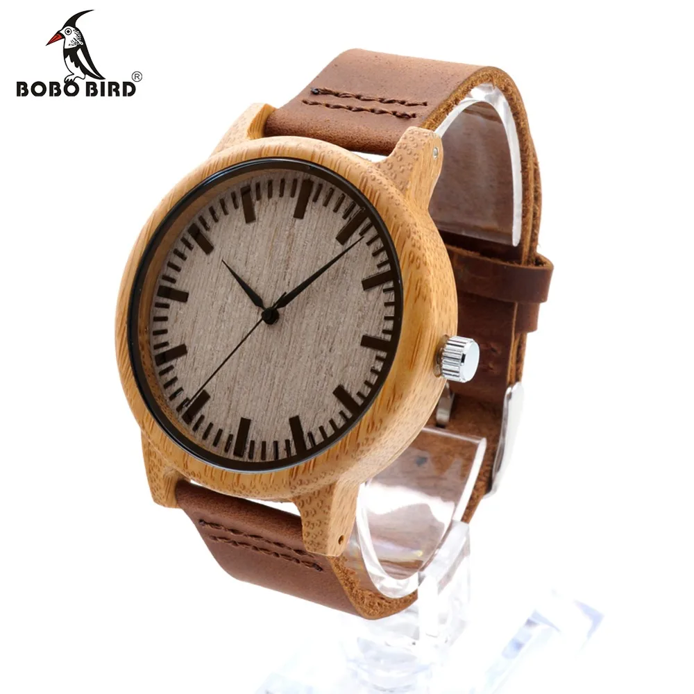 BOBO BIRD Men Natural Wood Bamboo Watches Women Vintage Wooden Male Ladies Watch With Leather Band in gift box custom logo