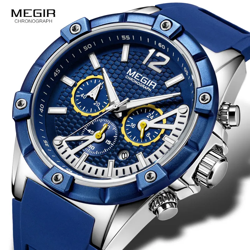 Preise MEGIR Armee Sport Wasserdichte Quarz Handgelenk Uhren für Männer Blau Silikon Stoppuhr Relojios Masculinos Uhr Leucht 2083GBE 2