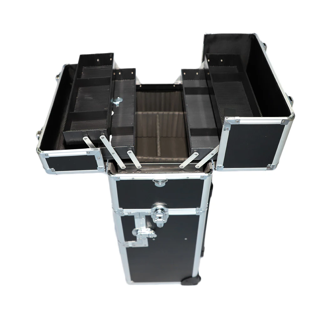 

Pro 3-in-1 Aluminum Rolling Makeup Cosmetic Train Case Wheeled Box Brilliant Trolley Case For Makeup Hair Artists Black Color