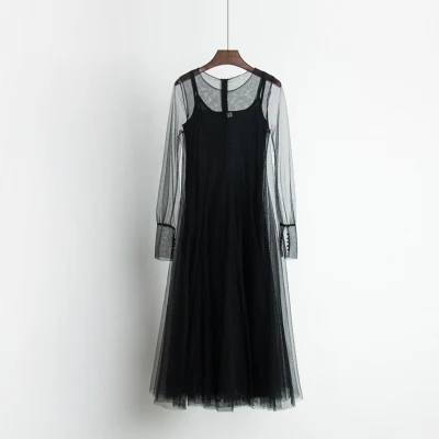 Осеннее Новое Женское однотонное платье с круглым вырезом и длинным рукавом, милое газовое кружевное плиссированное платье, женское приталенное платье, комплект из двух предметов