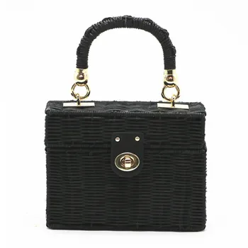

New 2018 Black Rattan Bag Small Flap Beach Straw Bags Women Hand-woven Square Box Messenger Bags Bohemian Bali Boho Handbag