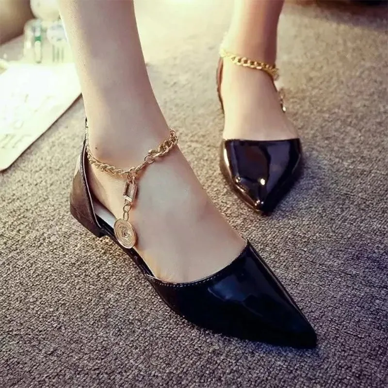 

2019 Women Flat Shoes Patent Leather Shoes Female Classic Gold Chain Point Toe Two Piece Shoes Fashion Party Shoes Ladies