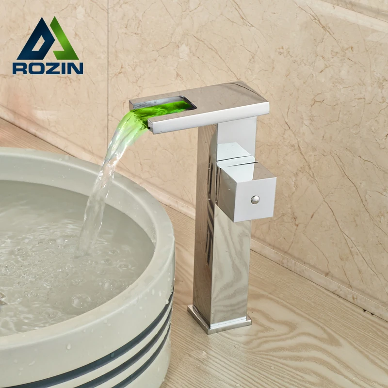 Luxury LED Light Waterfall Bathroom Basin Sink Faucet Single Handle Brass Hot Cold Washbasin Mixer Taps