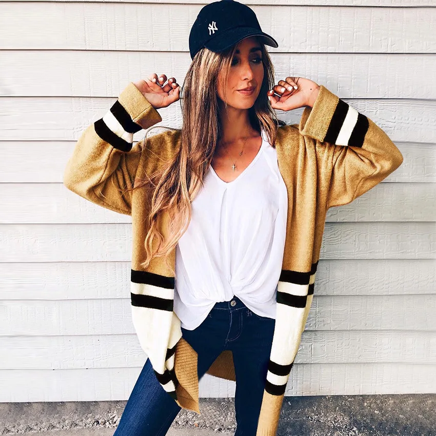BKLD 2017 New Women Yellow Cardigan Knitwear Autumn Stripe Sweater Long