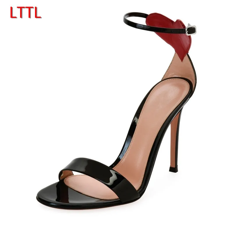

Back Sweet Heart Gladiator Sandals Women Ankle Studded Buckle Shiny Patent Leather One-strap Stiletto Heel Women Sandals