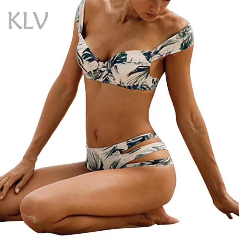 

KLV Feather Belt Swimsuits female Push up Sweet Green Feather Belt brazilian bikini set push up Women's May for beach #@%