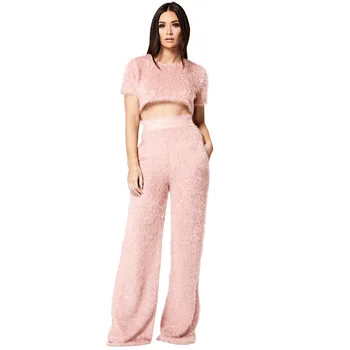 

Shaggy Pant Suit Women Tracksuit Set Fashion Casual Crop T-shirt Long Wide Leg Pants Two-piece Suits Womens Sweatsuit Outfits